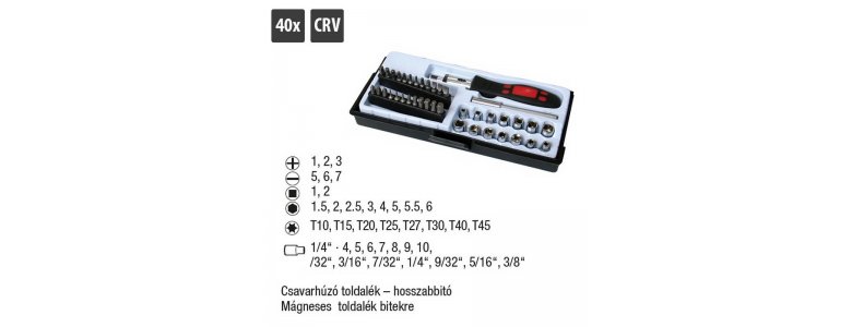 Lev bit és adapter készlet 40 részes, 1/4˝ mágneses, CrV