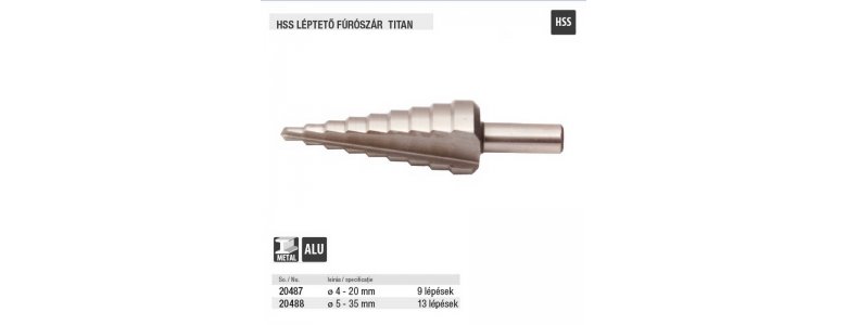 Lev léptető fúrószár DIN 1412C HSS 4-20mm 9 lépcsős, ALU, fém, műanyag