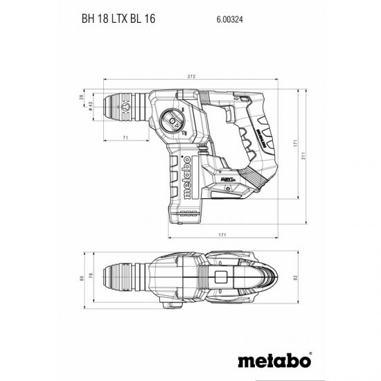 Metabo akkus 18V fúrókalapács, szénkefementes 1,3J 5250/min, BH 18 LTX BL 16 +fogantyú +fúrásmélység-ütköző +metaBOX 145 L, akku és töltő nélkül