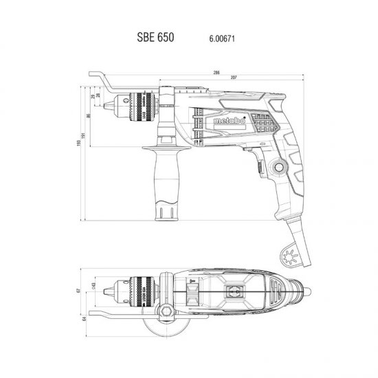 Metabo ütvefúró 650W, SBE 650, Futuro Plus gyorsbefogó tokmány, műanyag dobozban +tartozékkészlet