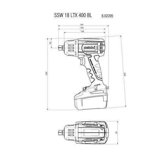 Metabo SSW 18 LTX 400 BL akkus 18V ütvecsavarozó, szénkefementes 400Nm 0-2150/min, külső négylap 1/2