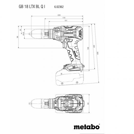 Metabo akkus 18V menetfúró, fúrócsavarozó 130Nm szénkefementes, Quick, GB 18 LTX BL Q I +2x5,5Ah LiHD akku+ ASC 145 töltő +metaBOX 145l