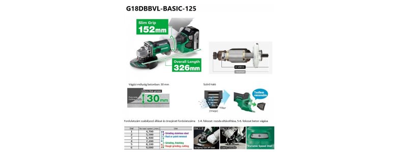 Hikoki akkus 18V sarokcsiszoló 125mm, szénkefementes, AUTO mód, akku nélkül, papírdobozban