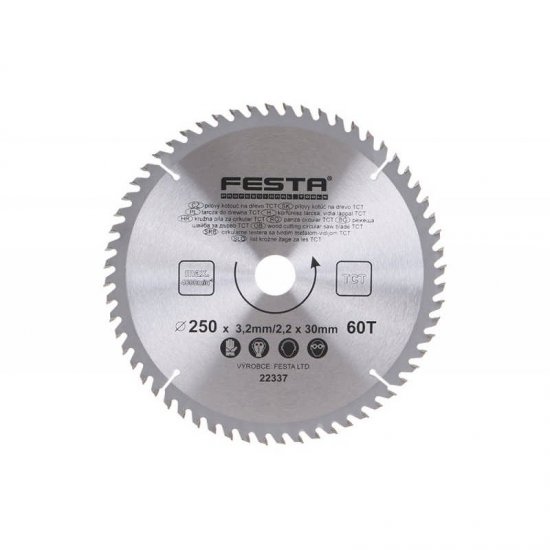 Lev Festa TCT körfűrész tárcsa, körfűrészlap 250x30mm, fához, Vídia lappal,2 db szűkítő gyűrűvel